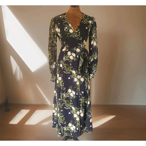 Reformation Dress Wrap Black Floral Susanna ‎ Anastasia Long Sleeve Size S - Picture 2 of 8